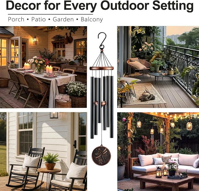34" Dragonfly Wind Chimes for Outside, Deep Tone Garden Decor | Deep B tones, adjustable striker, weather-resistant finish, double-sided dragonfly, gift boxed and ready to hang