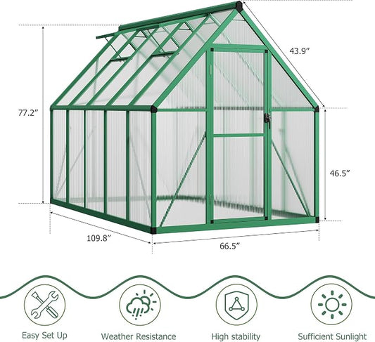 CABIHOME 8x12 FT Outdoor Greenhouse, Polycarbonate Greenhouse with Roof Vent and Ground Nails, Aluminum Large Walk-in Green House w/ Lockable Push Door for Outdoor Garden (Green, 6x9 FT)