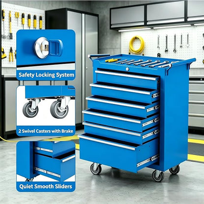 IDEALHOUSE Rolling Tool Chest, 6 Drawers Tool Storage Cabinet, Toolbox with Wheels, Portable Tool Cabinet Organizer with Locking System & Drawer Liners, Tool Storage Cart for Garage, Workshop, Blue