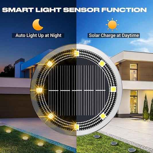 Peasur Solar Ground Lights Outdoor, 24 Pack Flat Solar Powered Disc Lights, IP68 Waterproof, Anti-Rust, Landscape Lighting for Pathway Garden Yard Lawn Walkway Landscape Driveway, Warm White