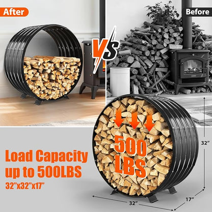 32" Firewood Rack with Roof Cover, Indoor & Outdoor Log Holder Keeps Firewood Dry, Clean & Organized for Fireplace, Patio & Backyard, Heavy-Duty Steel Wood Storage Rack, 500LBS Capacity
