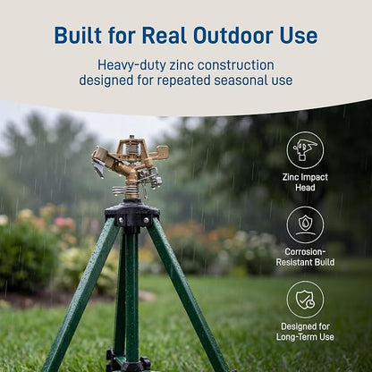 Orbit Tripod Lawn Zinc Impact Sprinkler - 360 Degree Rotating Yard Sprinkler with Adjustable Height - Heavy-Duty Zinc - High-Pressure Nozzle - for Large Lawn Coverage - 56667