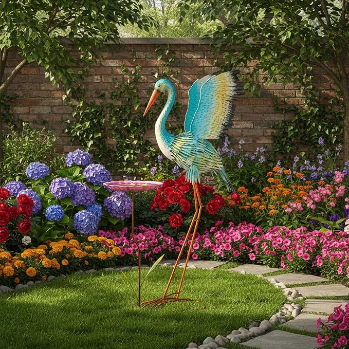 Large Heron Garden Statue for Outside,39" Crane Outdoor Statues with Leaf Tray,Metal Yard Art for Porch Backyard Patio Lawn Decor（Green+Pink）