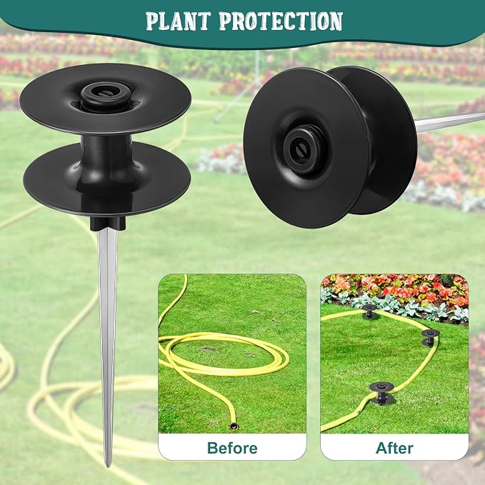 Chumia 12 Pieces 10 Inch Garden Hose Guide Spike, Zinc Coated Rustproof Heavy Duty Metal Stake with Top, Keeps Garden Hose Out of Flower Beds, Guard for Yard Plant Protection (Black)