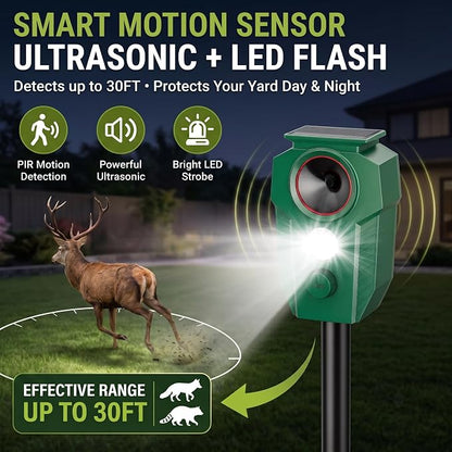4 Pack Solar Powered Animal Repellent Outdoor, Deer Repellent Devices Ultrasonic Motion Activated, Cat & Raccoon Repellent for Yard Garden Lawn, IP65 Waterproof Pest Repellent with LED Light