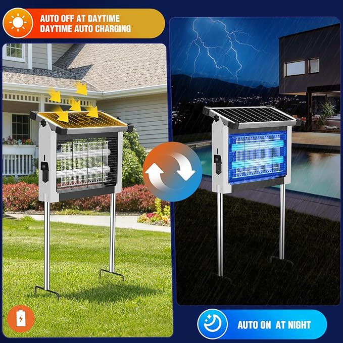 Solar Bug Zapper Outdoor Waterproof, 4500V Rechargeable Mosquito Zapper with Solar Panel Sensor, Auto ON/Off, 10ft Extension Cord & Solar Powered Bug Zapper, Cordless Insect Zap for Patio Yard Garden