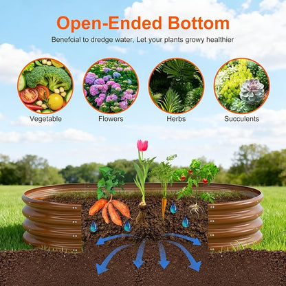 Rakukiri Raised Garden Bed Outdoor, GRS Certified Recycled Metal Planter Box 2 Sets, 4FT Galvanized Oval Herb Garden Kit, Bottomless Large Garden Beds for Vegetables Flowers, Rust-Resistant Brown