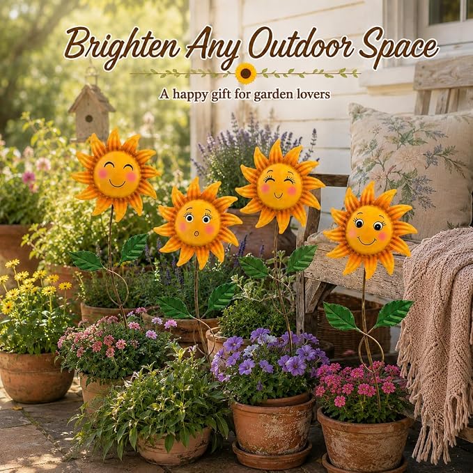 4 Pack Smiley Sunflower Decorative Garden Stakes, 20.5 Inch Metal Flower Garden Stakes for Outside, Yard Art Outdoor Decor for Lawn Planter Porch Patio