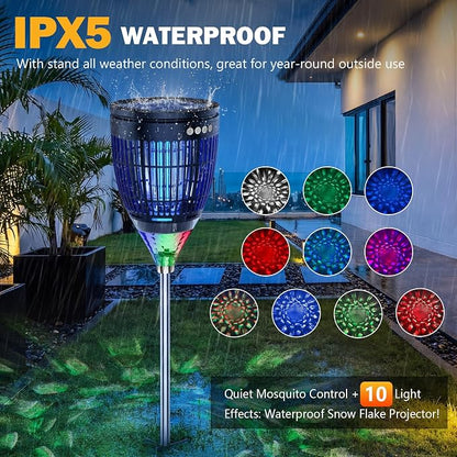 All in 1 Solar Bug Zapper Outdoor, Flame & Projection Mode, Auto/Manual Modes, 4200V Electric Mosquito Killer with High Powered, IPX5 Waterproof Rechargeable Fly Insect Trap for Patio Garden Yard RV