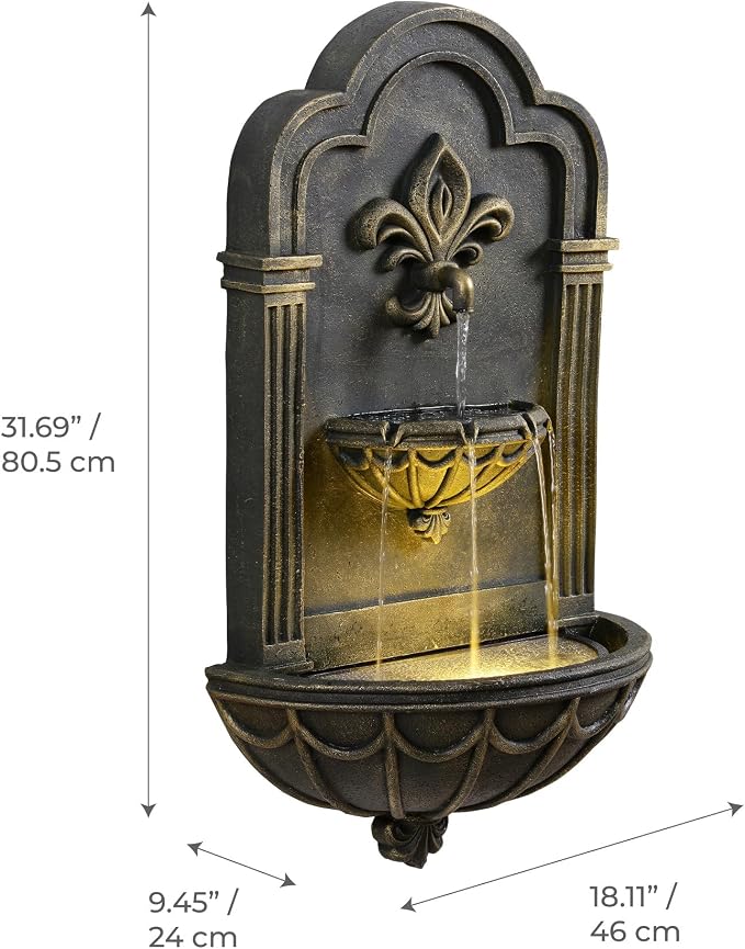 Teamson Home Fleur-de-lis Outdoor Water Fountain, Black & Gold | Warm Glow Lighting, Adjustable Flow, Electric Pump