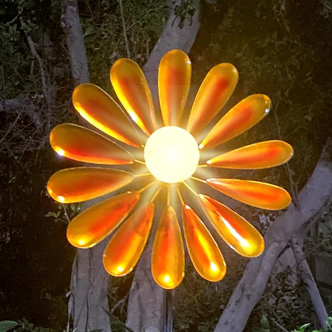 44.48in Orange Solar Daisy Wind Spinner, Metal Stake with Warm White LED Globe Lights