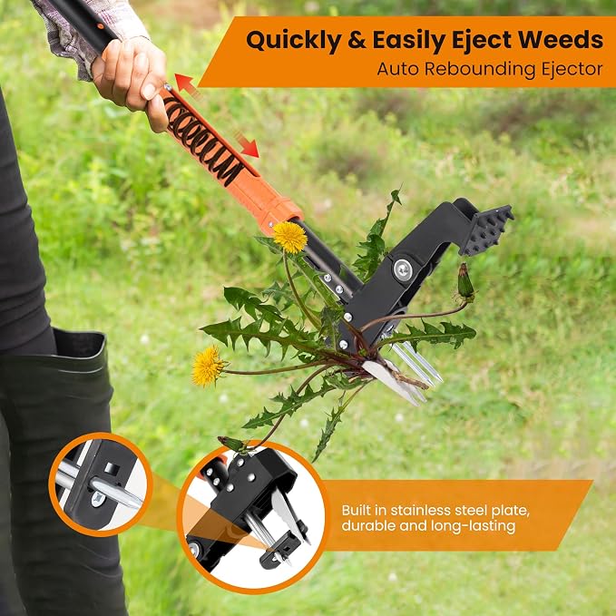 Weed Puller Tool, 39"- 47" Heavy Duty Stand Up Weed Puller Adjustable Long Handle, 4-Claw Steel Head, Easy-Eject Mechanism Weed Remover Tool for Garden Lawn, Remove Weeds Without Bending