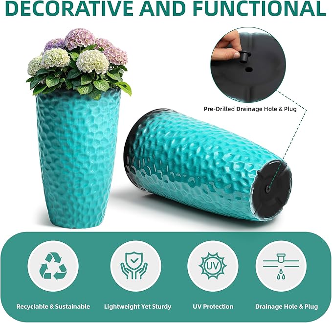 23.75" Turquoise Teal Plastic Tall Planters with Honeycomb Texture | Set of 2 PP tall planters with turquoise teal honeycomb texture, drainage plugs, and UV-treated finish for porch or patio