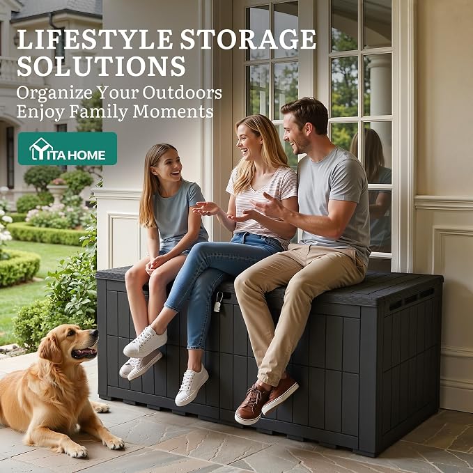 YITAHOME 200 Gallon Large Outdoor Storage Box XL Resin Deck Box with Lock | Waterproof Patio Furniture Bin and 3-Person Bench Seating for Garden Tools & Pool Accessories, Black