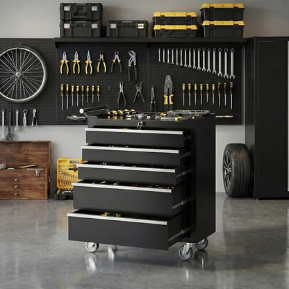 IDEALHOUSE Rolling Tool Chest, 5 Drawers Tool Storage Cabinet, Toolbox with Wheels, Portable Tool Cabinet Organizer with Locking System & Drawer Liners, Tool Storage Cart for Garage, Workshop, Black