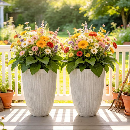 19" Mediterranean Beige Resin Tall Planters with Fluted Texture | Set of 2 resin tall planters with beige fluted texture, drainage plugs, and UV-resistant finish for porch, patio, or indoors