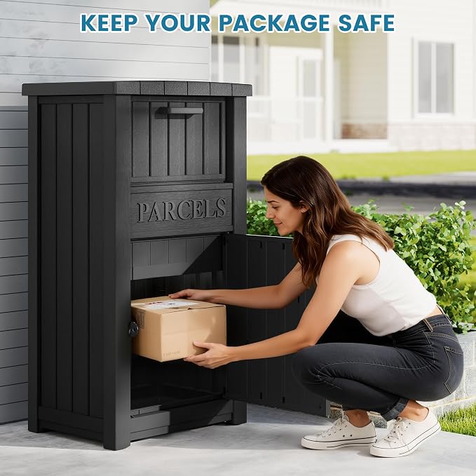 Package Delivery Box for Outside, Large Lockable & Weatherproof Anti-Theft Large Parcel Drop Box for Porch, Curbside, House Storage, Classic Black(60 Gallon)