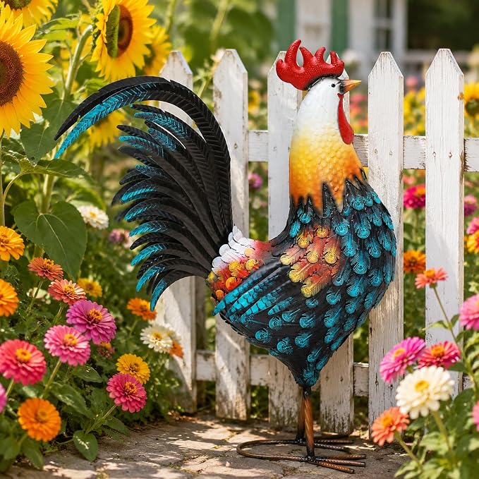 32" Majestic Metal Rooster Yard Decor, Large Outdoor Garden Statue | Outdoor Chicken Sculpture, 3D Hand-Painted, Rustic Farmhouse Style, Weather Resistant Iron, Backyard Patio Lawn Garden