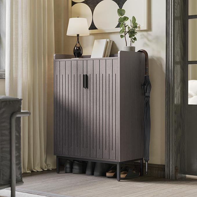 Mericonia Shoe Cabinet with Metal Legs, Farmhouse Large 5-Tier Shoe Storage Cabinet with Doors, Wooden Shoe Organizer for Entryway, Hallway (2 Door Shoe Cabinet, Black Oak-Modern)