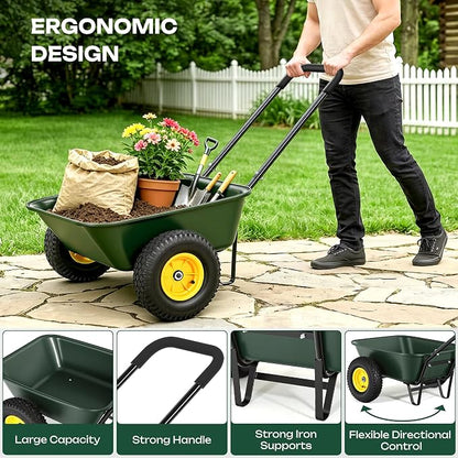 Autodaya 2 Wheel Wheelbarrow, Dual-Wheel Garden Dump Cart with 10" Non-Slip Pneumatic Tires & Ergonomic Padded Handle, Heavy-Duty Home Utility Yard Cart Wagon for Lawn, Farm, Porch, Gardening, Green