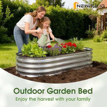 NEWBULIG Galvanized Raised Garden Bed Outdoor, 4x2x1ft Metal Planter Box for Vegetables Flowers Herbs, Heavy-Duty Oval Raised Flower Bed for Gardening, Open Bottom, Easy Assembly, Safe Edges