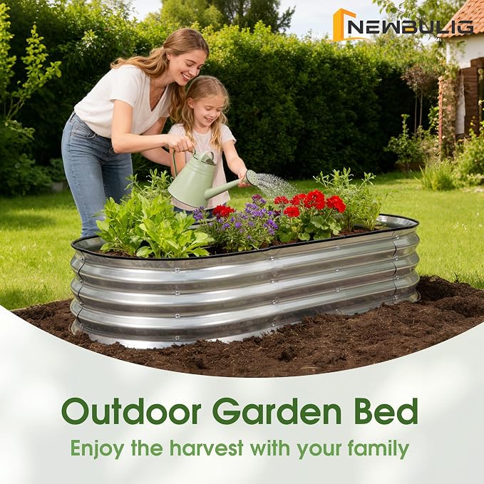 NEWBULIG Galvanized Raised Garden Bed Outdoor, 4x2x1ft 2 Pack Metal Planter Box for Vegetables Flowers Herbs, Heavy-Duty Oval Raised Flower Bed for Gardening, Open Bottom, Easy Assembly, Safe Edges