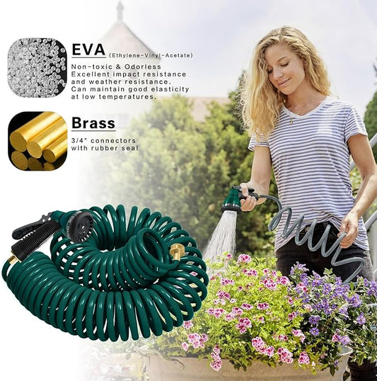 Coil Hose 25FT EVA Coil Garden Hose With 3/4'' Brass Connector Coiled Water Hose Lightweight And No Kink Includes 7 Patterns Spray Nozzle For Outdoors Lawn Watering Car Washing