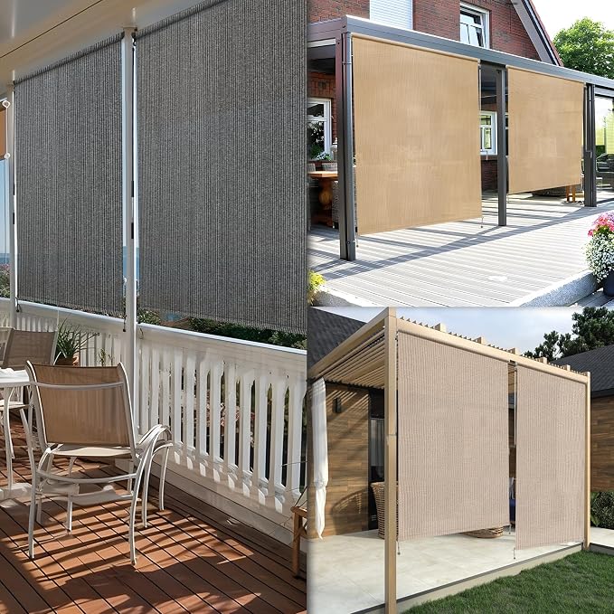 KANAGAWA Outdoor Roller Shade 9'X8' Sesame Exterior Cordless Patio Roll Up Shades for Outside Pergola Porch, Outdoor Blinds for Patio