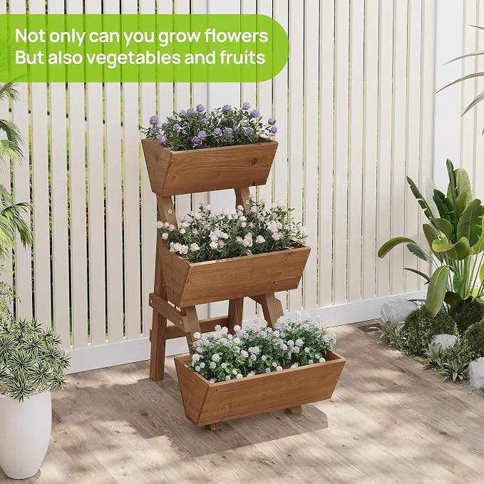 3-Tiers Wooden Raised Garden Bed Tiered Planter Box Flower Pots Vertical Garden Planter Wood Plant Stand for Vegetables Flowers Herbs for Patio, Balcony, Freestanding (Brown S)