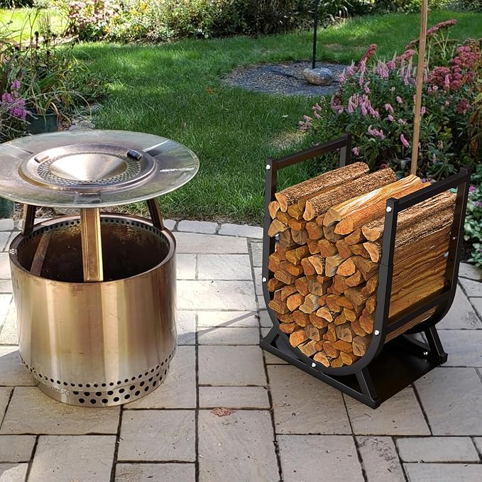 Firewood Rack, Outdoor/Indoor Firewood Adjustable Height Storage, Thickened Metal Fireplace Log Rack, Adjustable Height 18.39''-23.03'', Black