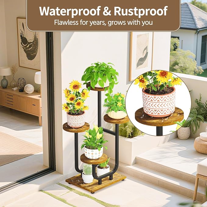LASZOLA Black 4 Tier Tall Metal and Wood Plant Stand Indoor, Large Heavy Duty Planter Holder Rack for Vertical Corner, Sturdy Iron Spiral Multiple High Flower Organizer for Rustic Patio House Bathroom