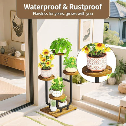 LASZOLA Black 4 Tier Tall Metal and Wood Plant Stand Indoor, Large Heavy Duty Planter Holder Rack for Vertical Corner, Sturdy Iron Spiral Multiple High Flower Organizer for Rustic Patio House Bathroom