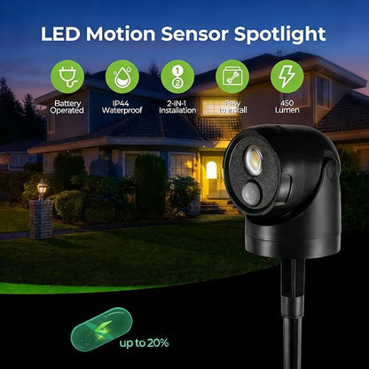 2-in-1 Outdoor Motion Sensor Light, Battery Powered LED Spotlight for Yard Garden Garage, Waterproof Security Landscape Light with Ground Stake & Wall Mount, 450LM, 3 Timer Modes(2 Pack)