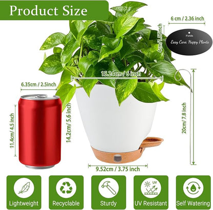 6 Inch Self Watering Pots for Indoor Plants(5-Pack) – Small Plastic Planters with Water Level Window, Drainage Holes & Detachable Trays, Indoor Outdoor Flower Pots for Herbs, Snake,Pothos(White)