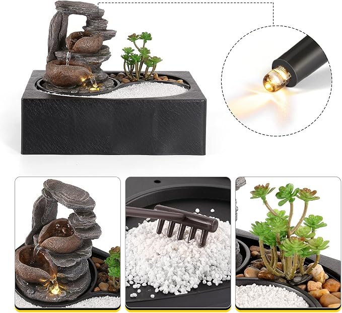 Dyna-Living Indoor Water Fountains Tabletop Water Fountain with Warm Light | Zen Water Fountain Indoor for Relaxation, Desk Zen Waterfall Feature for Home & Office Decor, Quiet Pump, Relieve Stress