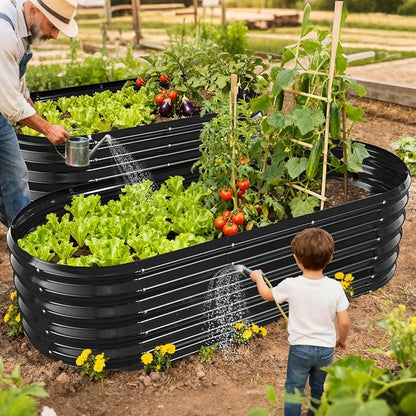 YSEJOMP 17" Tall Oval-Shaped/Elliptic Metal Raised Garden Bed Outdoor Black | 60X24X17 Inch,1.5 FT Tall,0.8MM Thick Galvanized Metal Painted,for Variety of Flowers,Herbs,Vegetables.with Gloves,Tool free