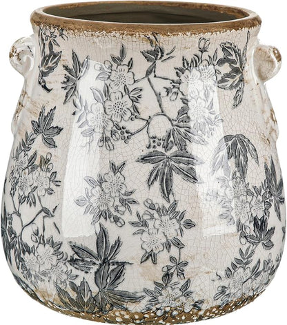 Ceramic Scroll Planter 6.5 Inch Chinoiserie Floral Vase with Drainage Holes Vintage Flower Vase Flower Pot Rustic Ceramic Pots for Indoor Plants Garden Home Bookshelf Decor(Gray Glaze)