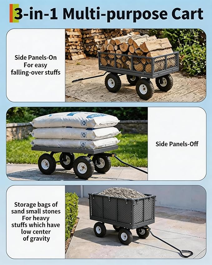GarveeTech 800LBS Heavy Duty Steel Garden Cart, Garden Wagon Cart on Wheels, Metal Yard Utility Wagon with Removable Mesh Sides, 10" All Terrain Tires, 180° Rotating Handle for Lawn, Garden, Farm