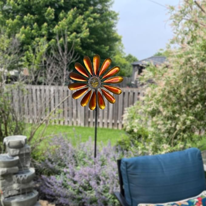 44.48in Orange Solar Daisy Wind Spinner, Metal Stake with Warm White LED Globe Lights