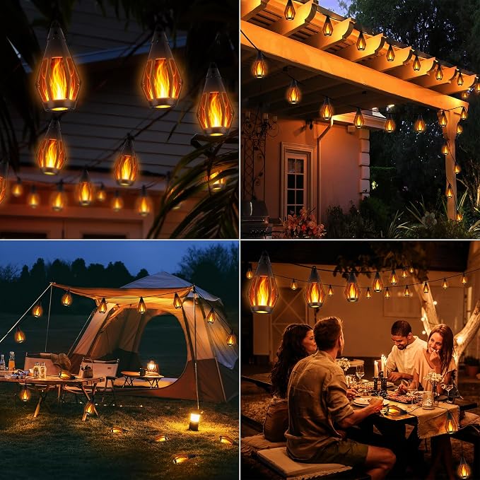 iBaycon Solar Flame String Lights, 27Ft 10 LED Bulbs Waterproof, Warm White | Ultra-Real Flickering Flame Lamp Outdoor Waterproof, Solar Patio String Lights for Garden Yard Lawn Decorations