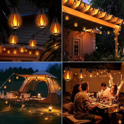 iBaycon Solar Flame String Lights, 42Ft 15 LED Bulbs Waterproof, Warm White | Ultra-Real Flickering Flame Lamp Outdoor Waterproof, Solar Patio String Lights for Garden Yard Lawn Decorations