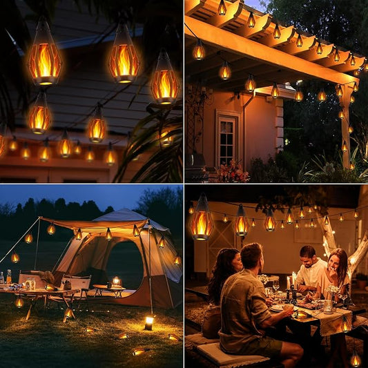 iBaycon Solar Flame String Lights, 42Ft 15 LED Bulbs Waterproof, Warm White | Ultra-Real Flickering Flame Lamp Outdoor Waterproof, Solar Patio String Lights for Garden Yard Lawn Decorations