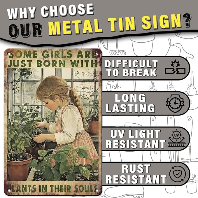 PEACHGARDEN Garden Decor Outdoor Metal Sign Some Girls are Just Born with Plants Retro Poster Tin Sign for Home Planting Room Yard Patio 8x12inch