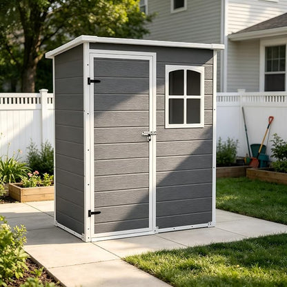 PVWIIK 5x3 ft Resin Outdoor Storage Shed with Floor & Window, Lockable Waterproof All-Weather Utility Shed for Garden Tools & Trash Bins, Gray-White