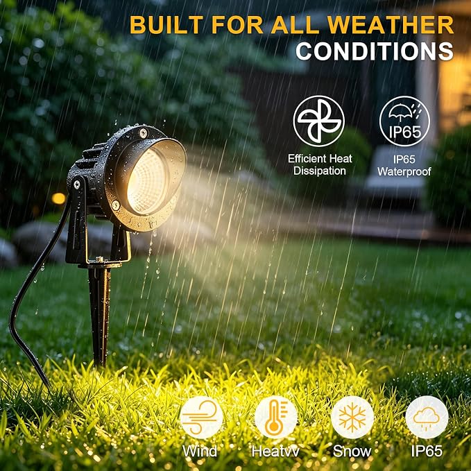 Romwish 12W LED Landscape Spotlights, 120V Plug-in Outdoor Lighting, 2 Pack | 1200LM Brightness with 3000K Warm White, IP65 Waterproof, Adjustable 270° Head & 60° Beam for Tree, Garden, Pathway and Yard
