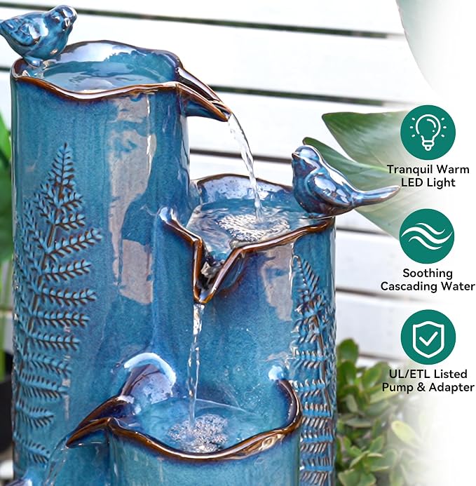 32" Outdoor Water Fountain, Ceramic Outdoor Fountain, Stacked 4-Tier Vase Waterfalls for Garden, Patio, Yard, or Porch Decor, Creating Relaxing Serene Oasis, Embossed Leaf Pattern, Turquoise