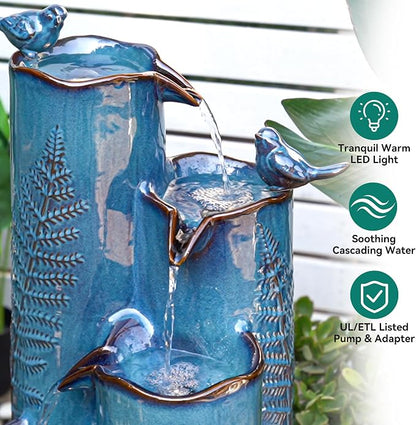 32" Outdoor Water Fountain, Ceramic Outdoor Fountain, Stacked 4-Tier Vase Waterfalls for Garden, Patio, Yard, or Porch Decor, Creating Relaxing Serene Oasis, Embossed Leaf Pattern, Turquoise