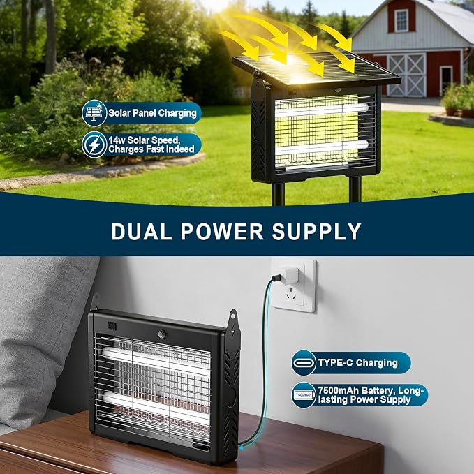 14W Solar Bug Zapper Outdoor | 7500mAh, 365–395nm UV, Dusk-Dawn Sensor, IPX5 Waterproof, 20ft Cord, Indoor & Outdoor for Home, Patio, Garden, Deck, Camping