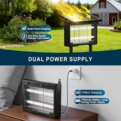 14W Solar Bug Zapper Outdoor | 7500mAh, 365–395nm UV, Dusk-Dawn Sensor, IPX5 Waterproof, 20ft Cord, Indoor & Outdoor for Home, Patio, Garden, Deck, Camping