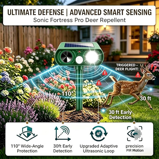 Solar Ultrasonic Animal Repellent Outdoor Deer Repellent Devices,2 Pack Squirrel Cat Deterrent with Motion Sensor & Strobe Light Waterproof Rabbit Repellent Raccoon Fortress Pro for Plants Garden Yard
